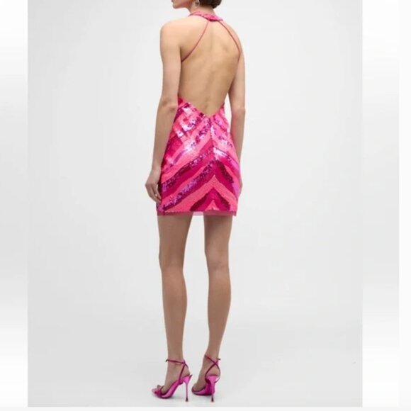 LIV FOSTER V-Neck Halter Sequin Stripe Pink Mini Dress, Size 6 - Picture 3 of 12
